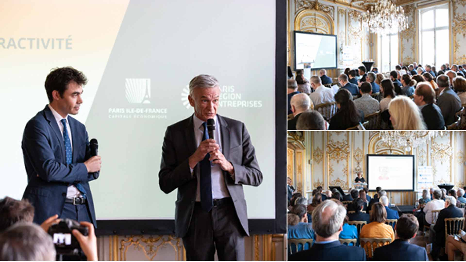 christian nibourel, président de paris ile-de-france capitale economique, et lionel grotto, directeur général de choose paris region, prononcent les mots d'accueil de la soirée de l'attractivité